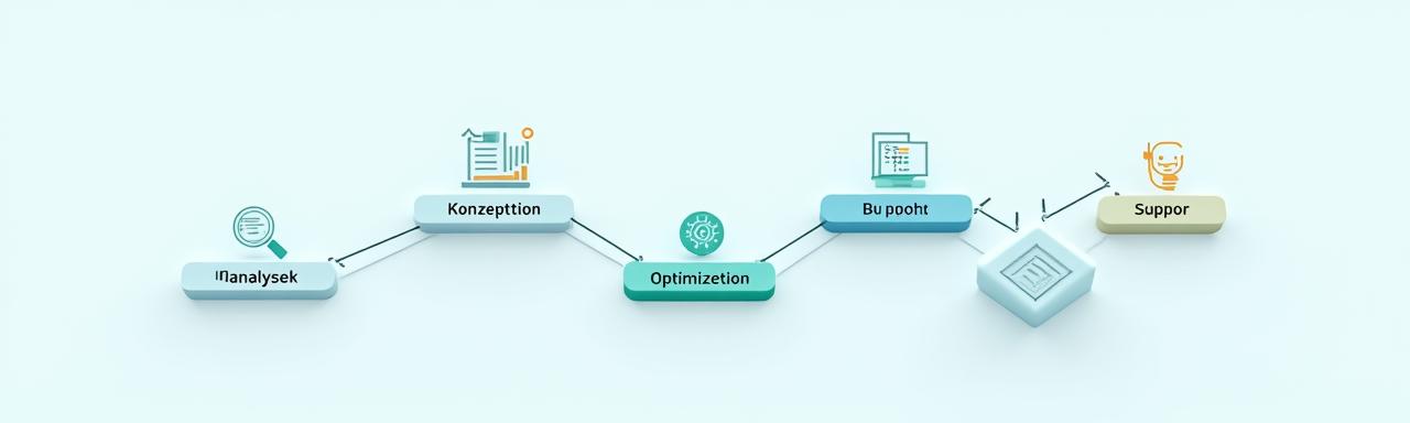 Grafik, die einen vierstufigen Prozess mit Pfeilen darstellt, welche die Phasen Analyse, Konzeption, Optimierung und Support verbinden.