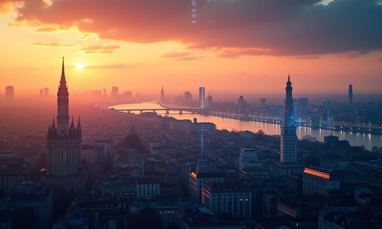 Panorama von Wien bei Sonnenuntergang mit einer subtilen digitalen Netz-Überlagerung, die Technologie und Tradition symbolisiert.